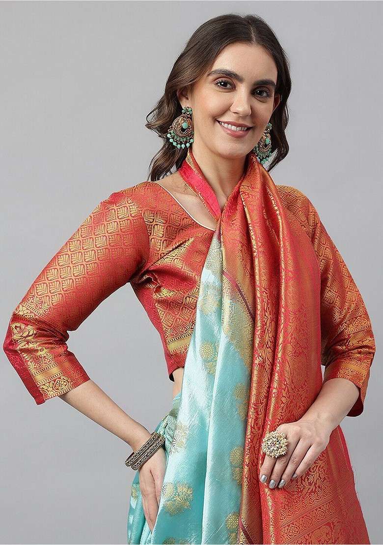 Turquoise Blue Blended Saree Set with Embroidered for Diwali | Wedding & Festive Wear - Indya