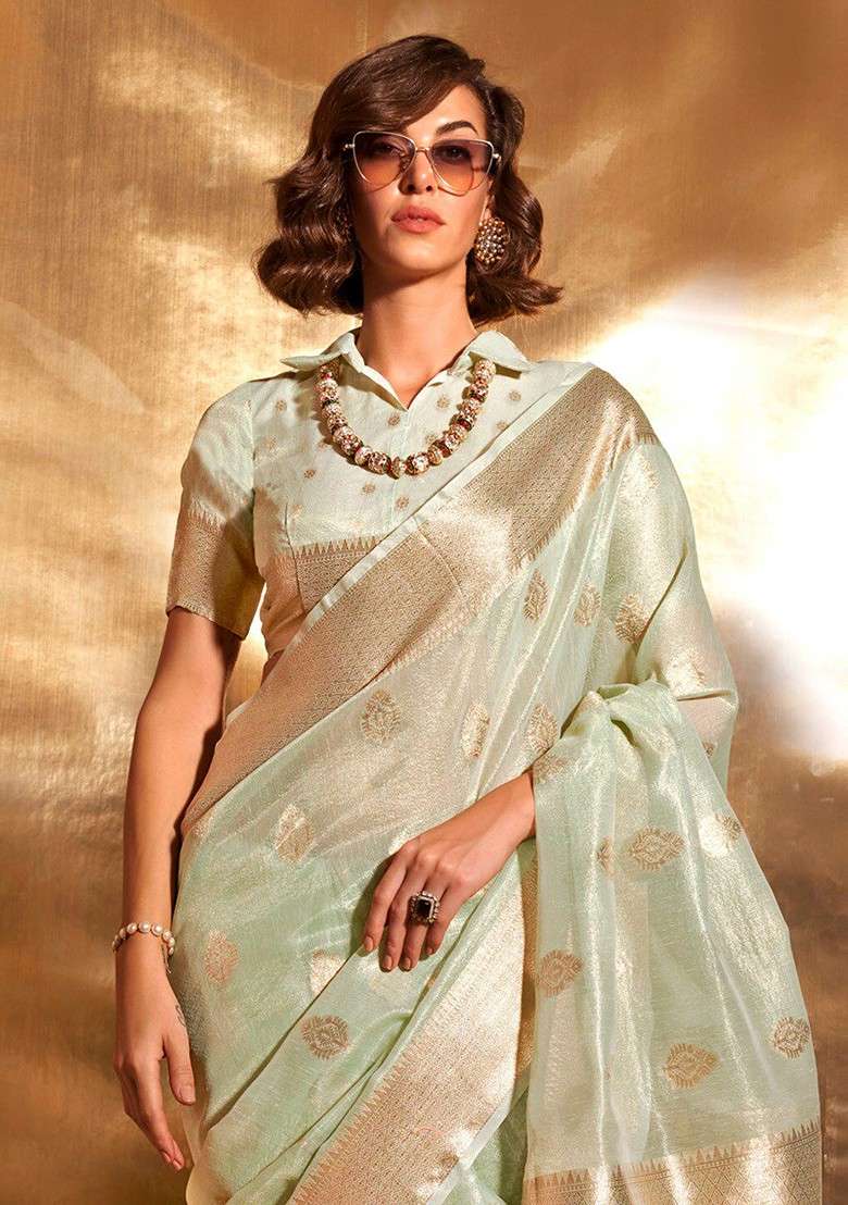 Sea Green Jacquard Blended Saree Set for Diwali and Festive Wear - Indya