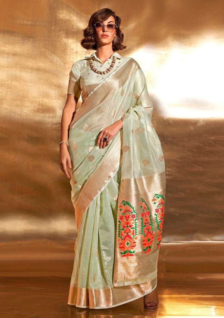 Sea Green Jacquard Blended Saree Set for Diwali and Festive Wear - Indya
