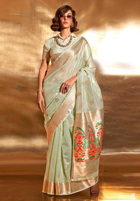 Sea Green Jacquard Blended Saree Set — view on Indya