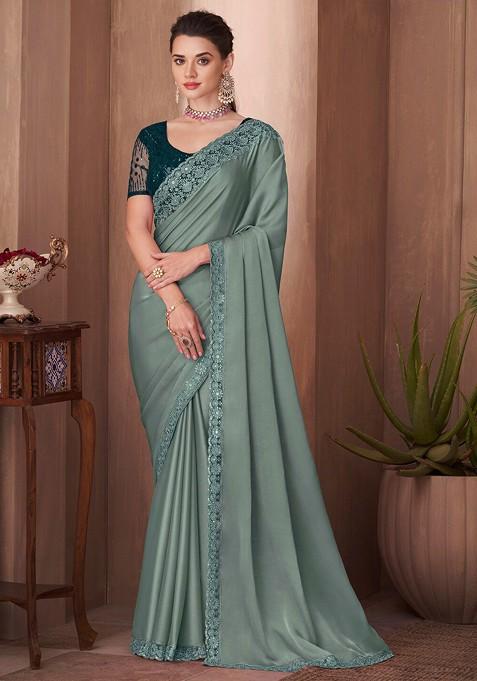 Sea Green Embellished Blended Saree Set