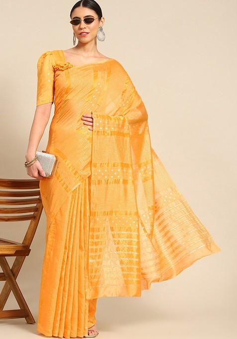 Yellow Jacquard Blended Saree Set — view on Indya