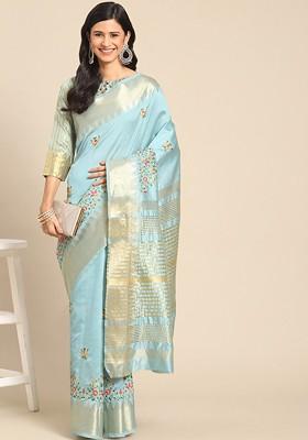 Turquoise Blue Embroidered Blended Saree Set