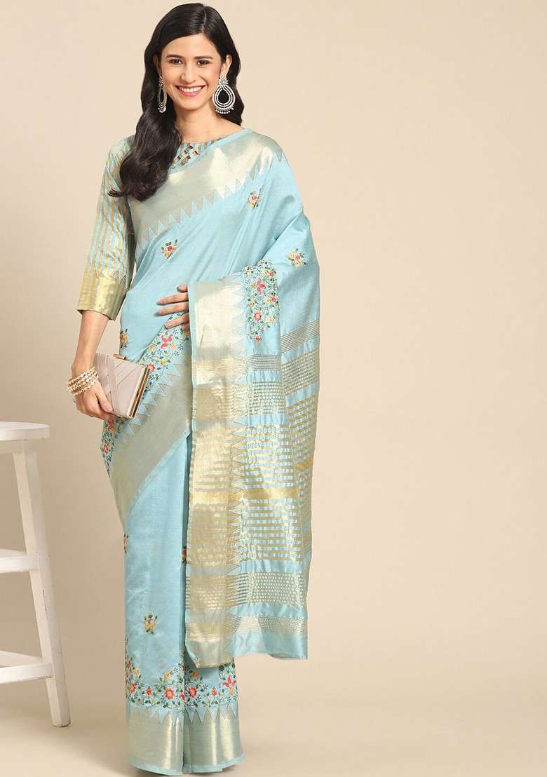 Turquoise Blue Embroidered Blended Saree Set for Diwali and Festive Wear - Indya