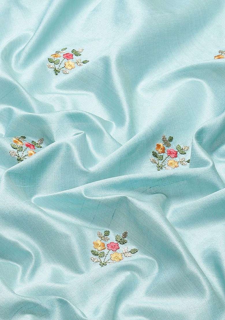 Turquoise Blue Embroidered Blended Saree Set for Diwali and Festive Wear - Indya