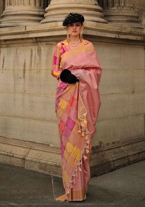 Peach Jacquard Blended Saree Set