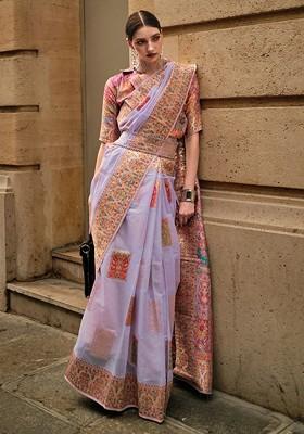 Lavender Jacquard Blended Saree Set