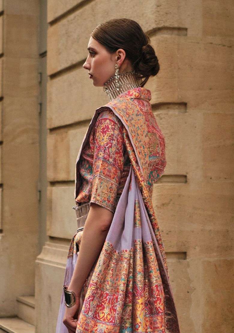Lavender Blended Jacquard Saree Set for Diwali | Wedding & Festive Wear - Indya