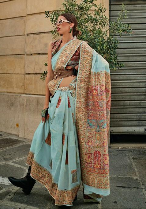 Blue Jacquard Blended Saree Set — view on Indya