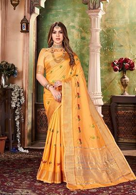 Mustard Embroidered Blended Saree Set