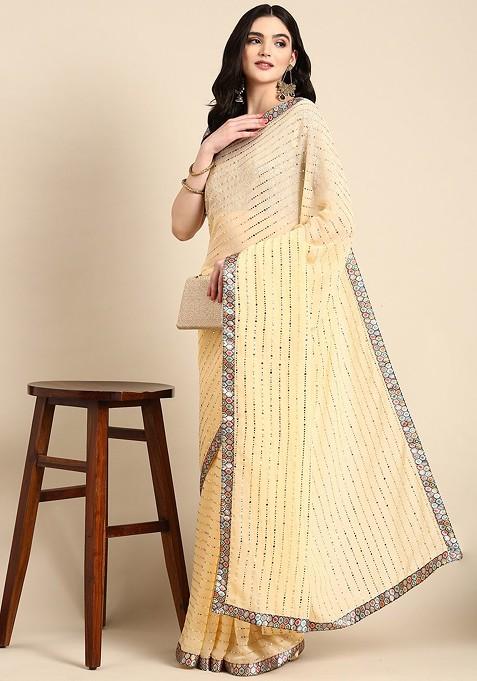 Yellow Embellished Blended Saree Set