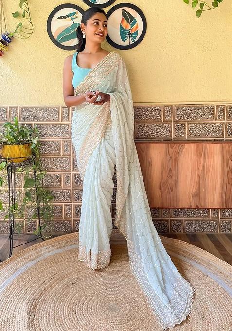 Blue Embellished Blended Saree Set