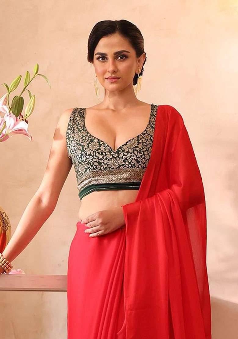 Red Embroidered Blended Saree Set - Indya