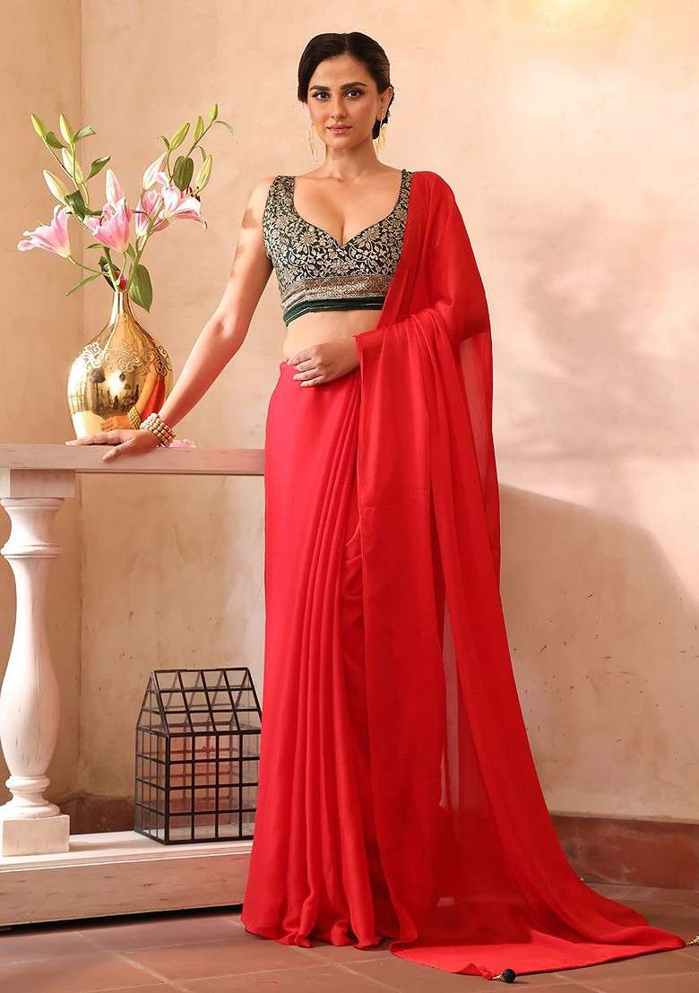 Red Embroidered Blended Saree Set - Indya