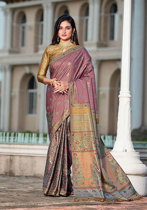 Magenta Printed Blended Saree Set