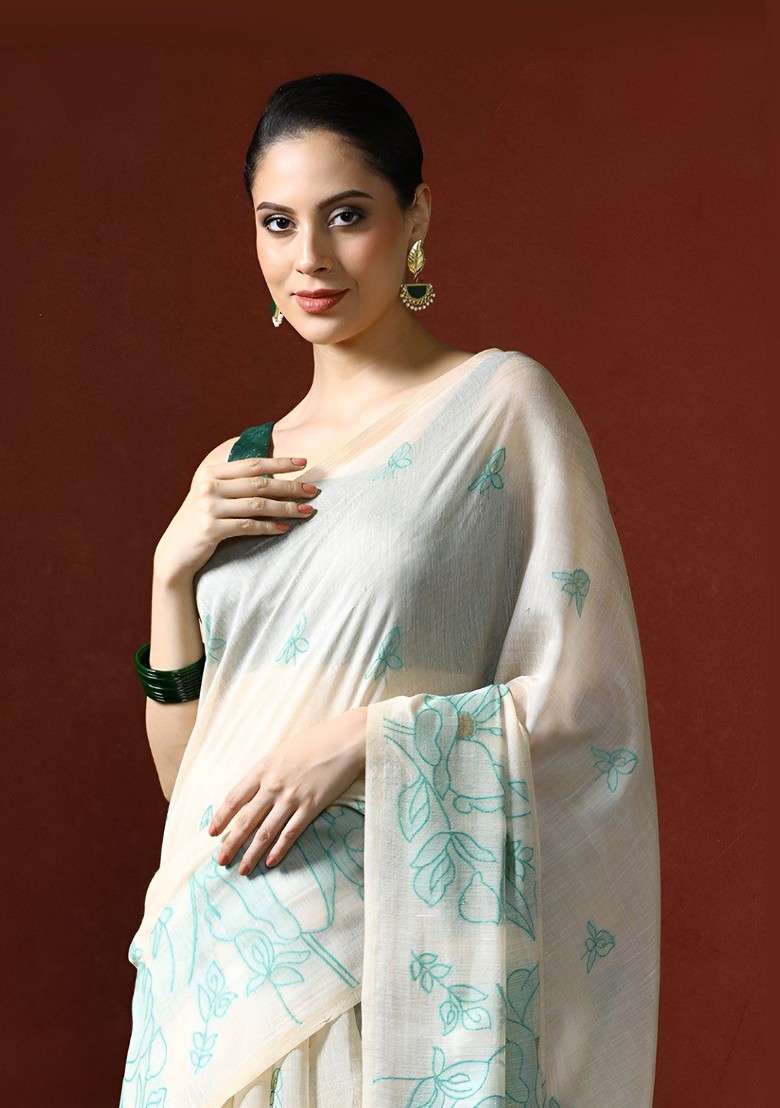 Off White Blended Saree Set with Printed for Diwali | Wedding & Festive Wear - Indya