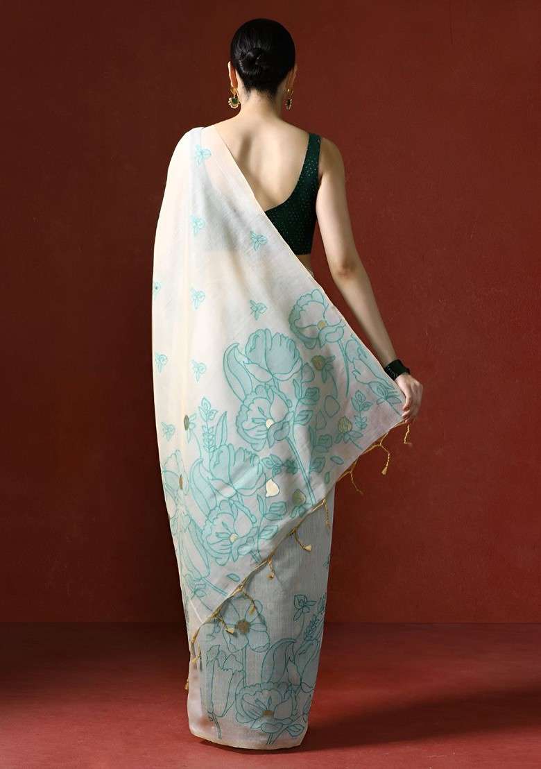Off White Blended Saree Set with Printed for Diwali | Wedding & Festive Wear - Indya