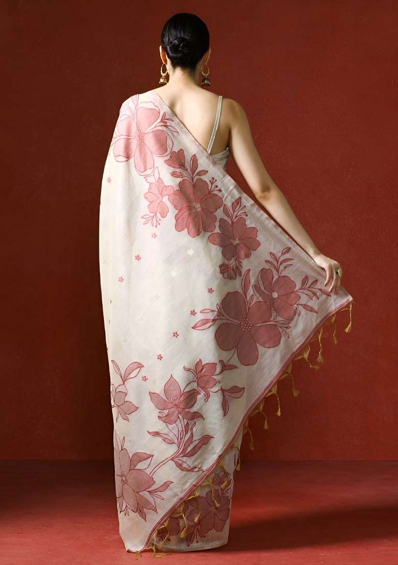 Cream Printed Blended Saree Set for Diwali and Festive Wear - Indya