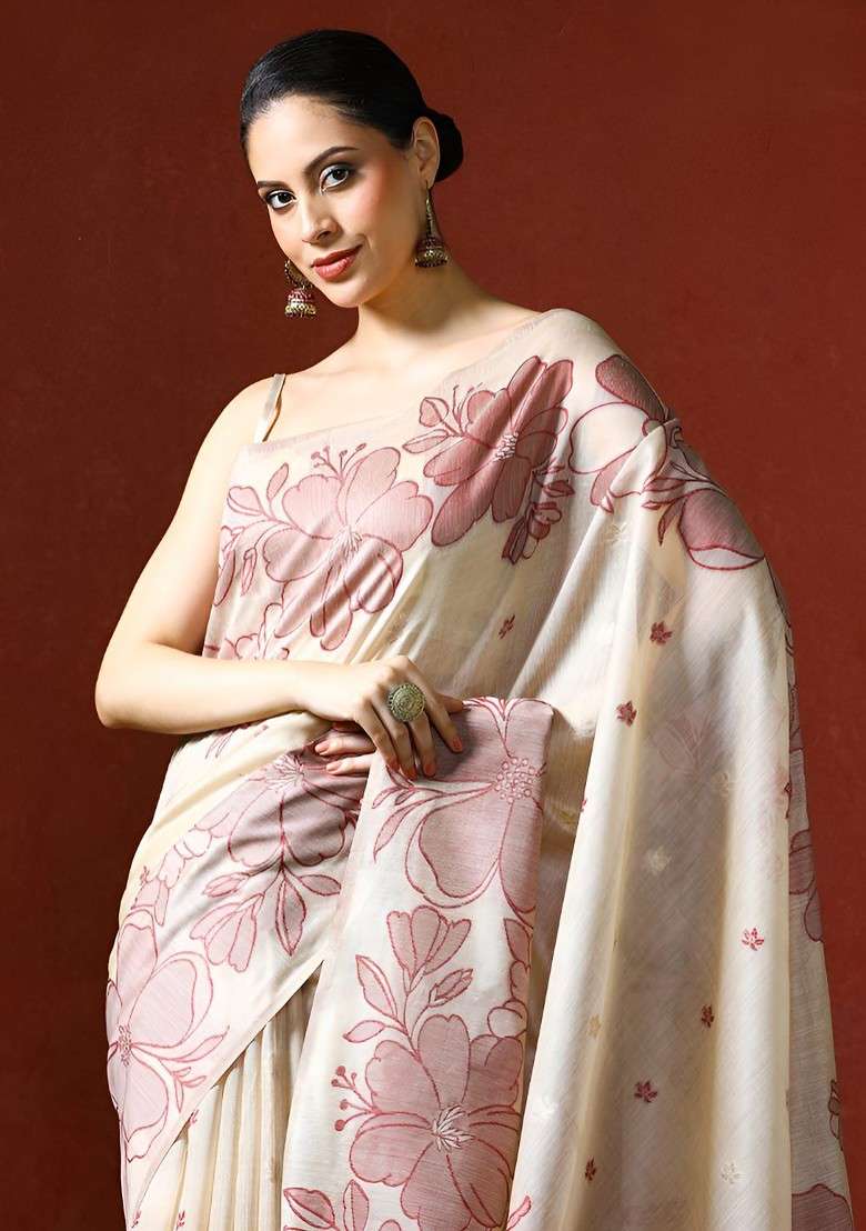 Cream Printed Blended Saree Set for Diwali and Festive Wear - Indya