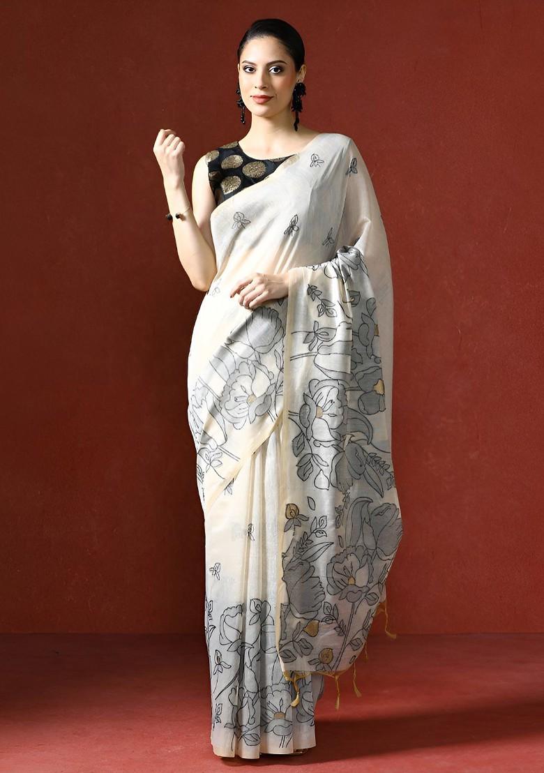 Off White Printed Blended Saree Set