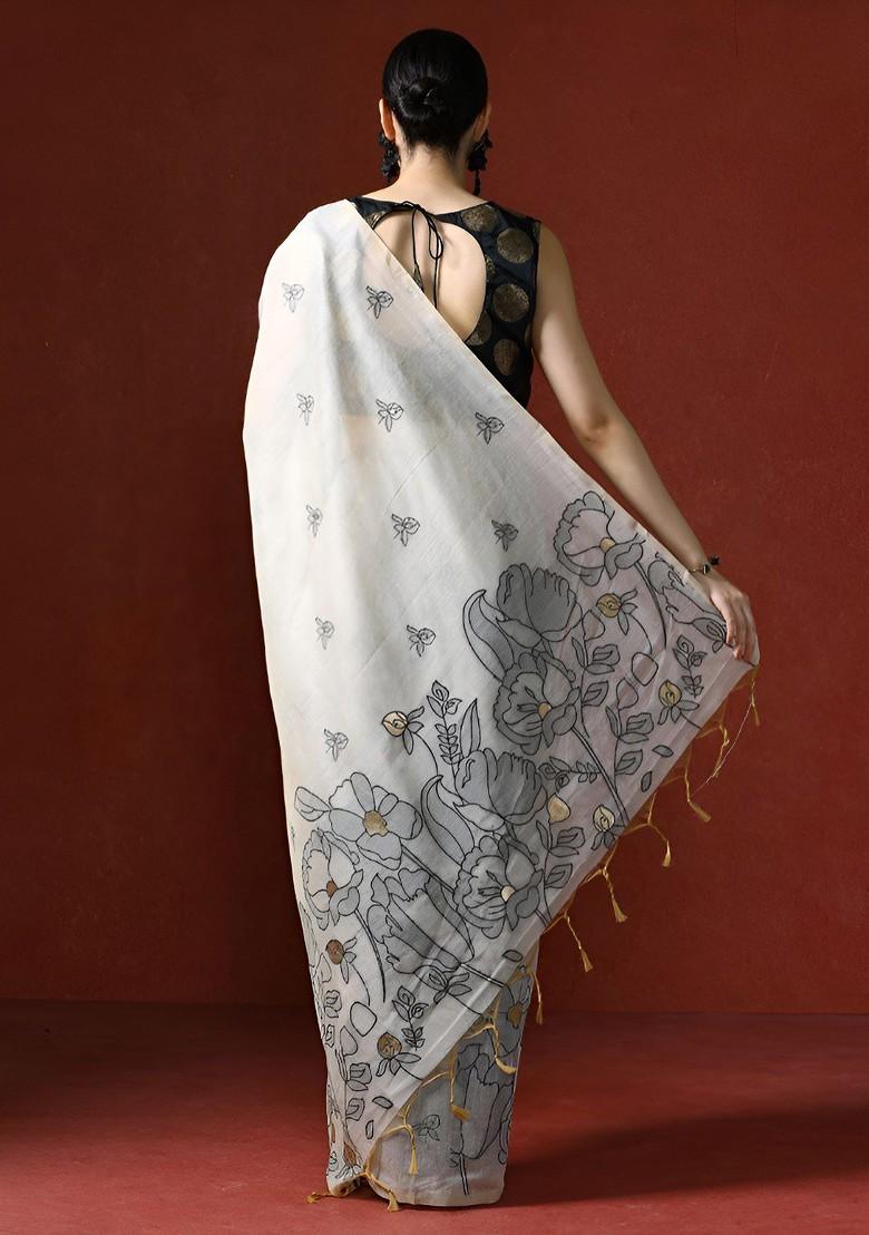 Off White Printed Blended Saree Set