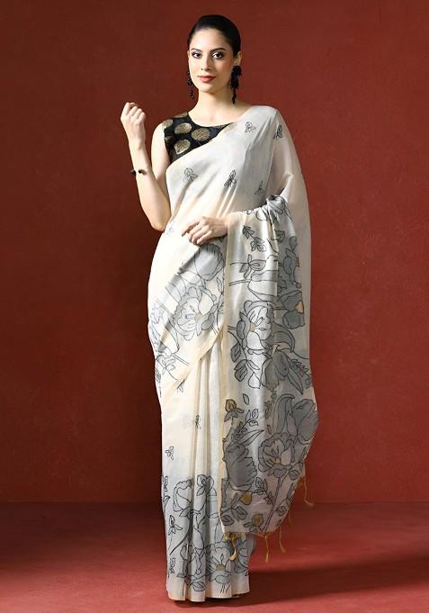 Off White Printed Blended Saree Set