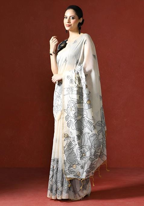 Off White Printed Blended Saree Set
