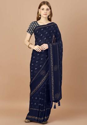 Navy Blue Printed Blended Saree Set
