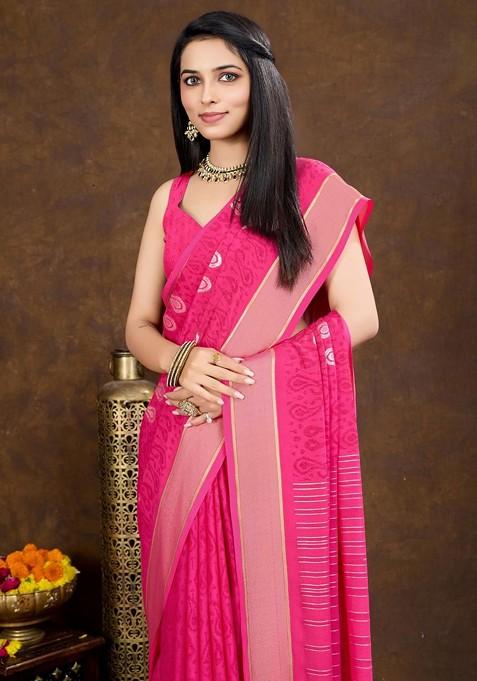 Pink Embroidered Blended Saree Set