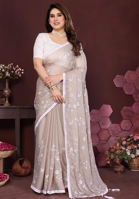 Beige Printed Blended Saree Set