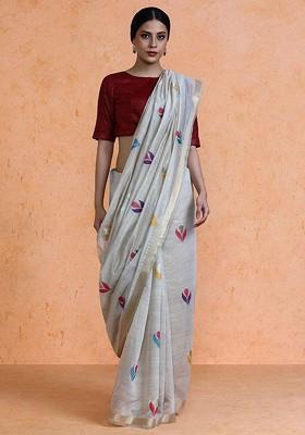 Beige Embroidered Blended Saree Set