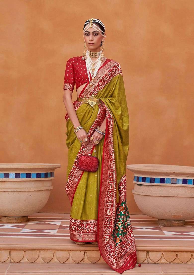 Olive Embroidered Blended Saree Set for Diwali and Festive Wear - Indya