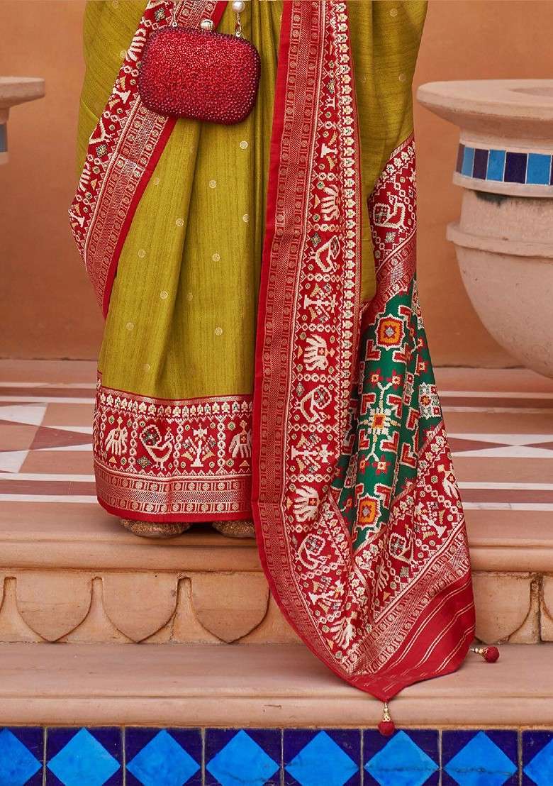 Olive Embroidered Blended Saree Set for Diwali and Festive Wear - Indya