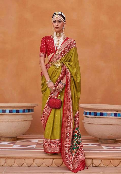 Olive Embroidered Blended Saree Set for Diwali and Festive Wear
