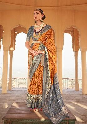Mustard Embroidered Blended Saree Set