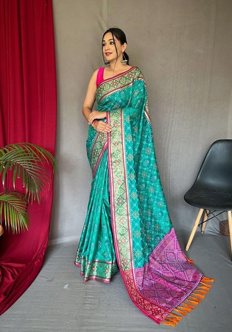 Teal Embroidered Blended Saree Set