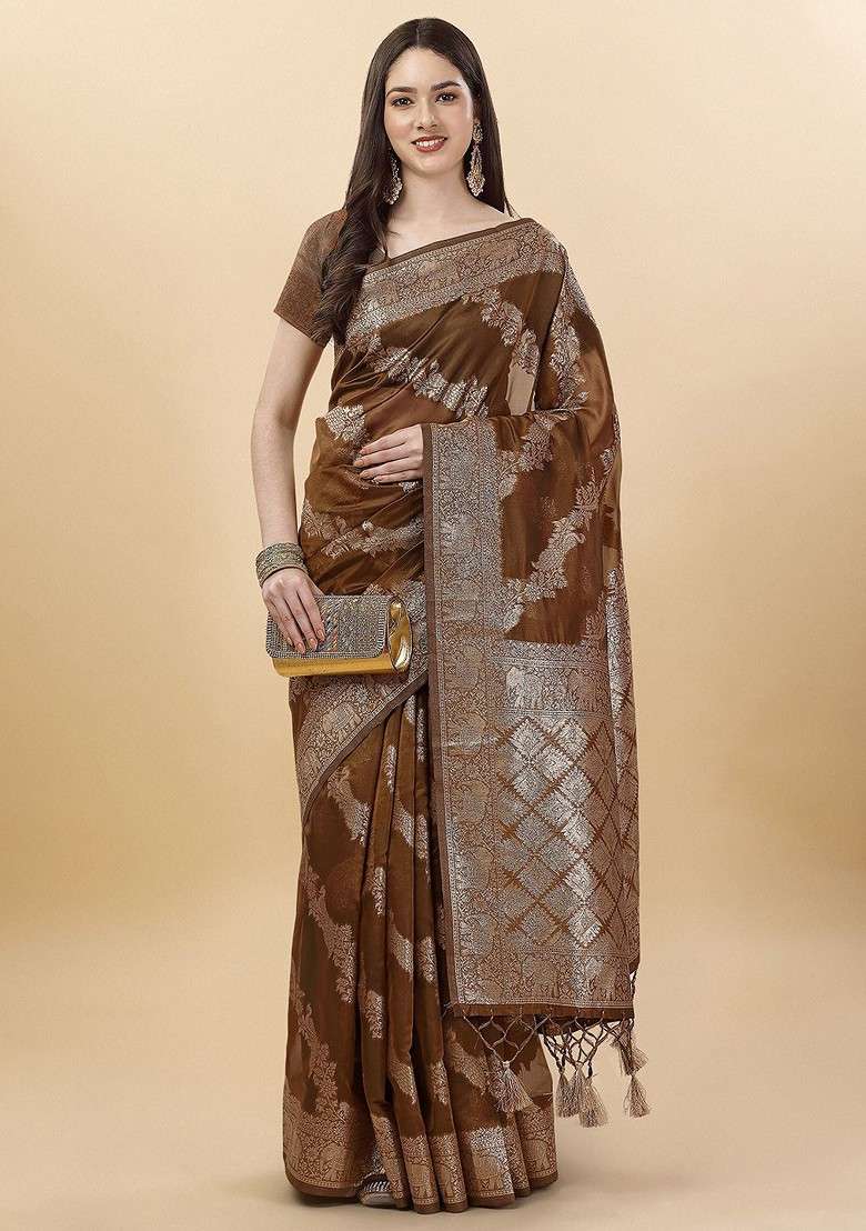 Brown Embroidered Blended Saree Set - Indya