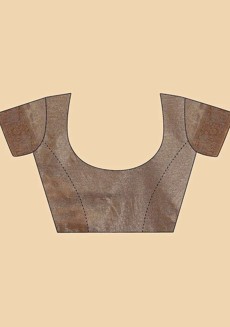 Brown Embroidered Blended Saree Set - Indya