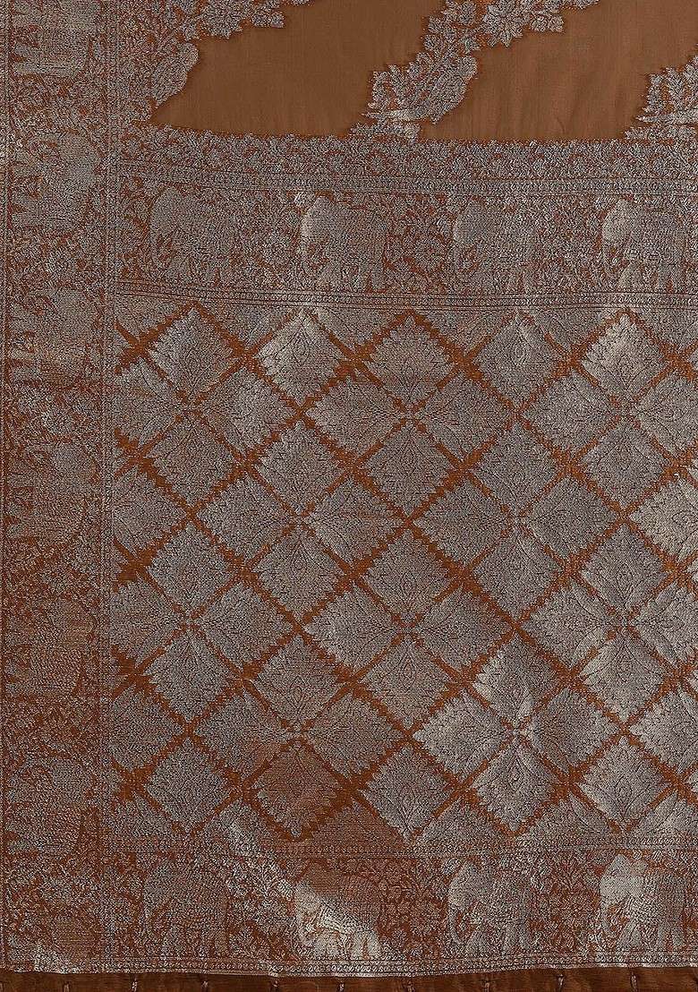 Brown Embroidered Blended Saree Set - Indya