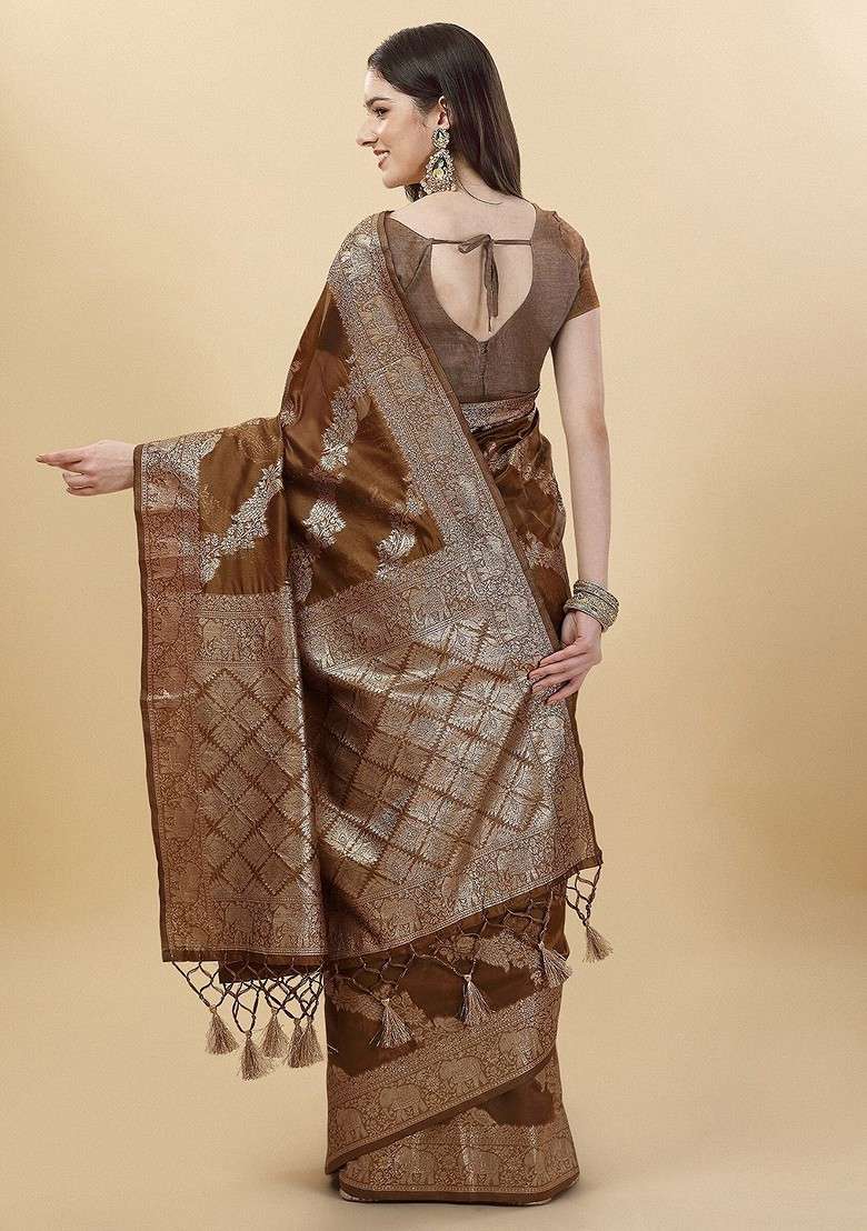 Brown Embroidered Blended Saree Set - Indya