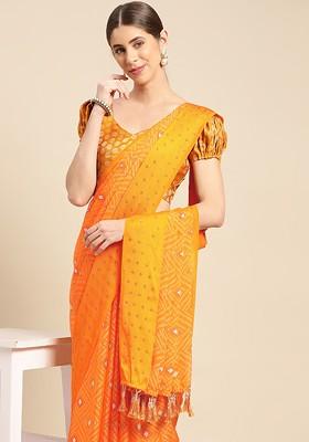 Mustard Embroidered Blended Saree Set