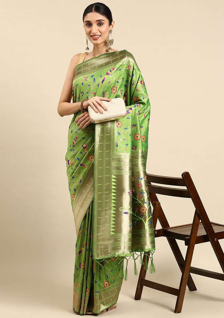 Olive Printed Blended Saree Set for Diwali and Festive Wear - Indya