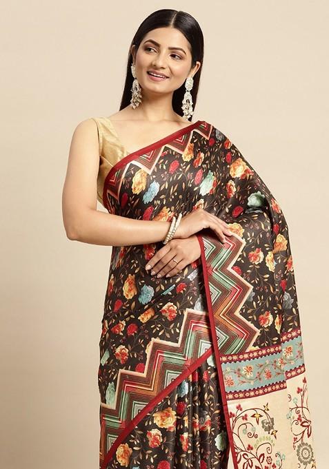 Black Embroidered Blended Saree Set