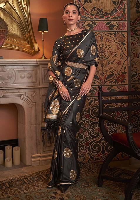 Black Jacquard Blended Saree Set — view on Indya