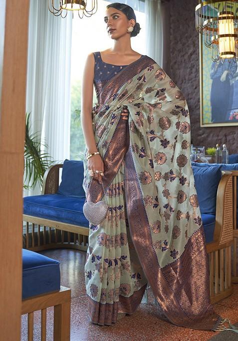 Turquoise Blue Printed Blended Saree Set — view on Indya