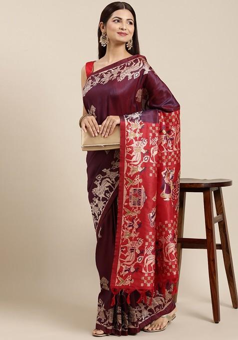 Burgundy Embroidered Blended Saree Set — view on Indya
