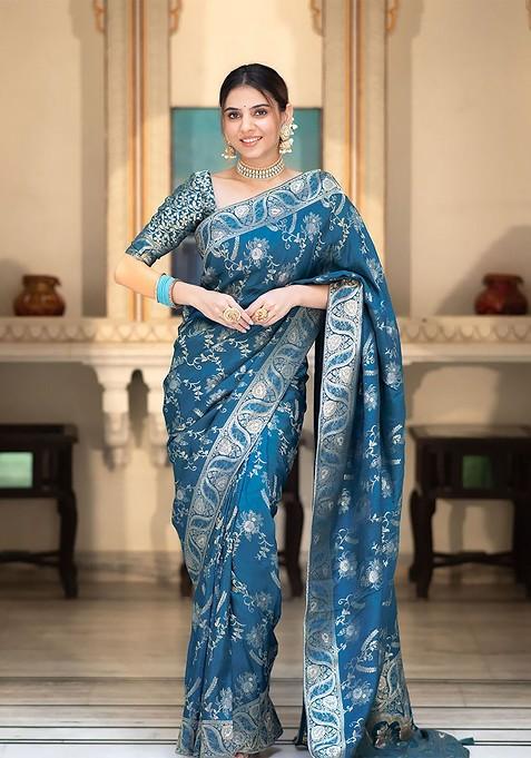 Blue Jacquard Blended Saree Set — view on Indya