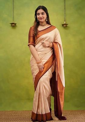 Beige Embroidered Blended Saree Set