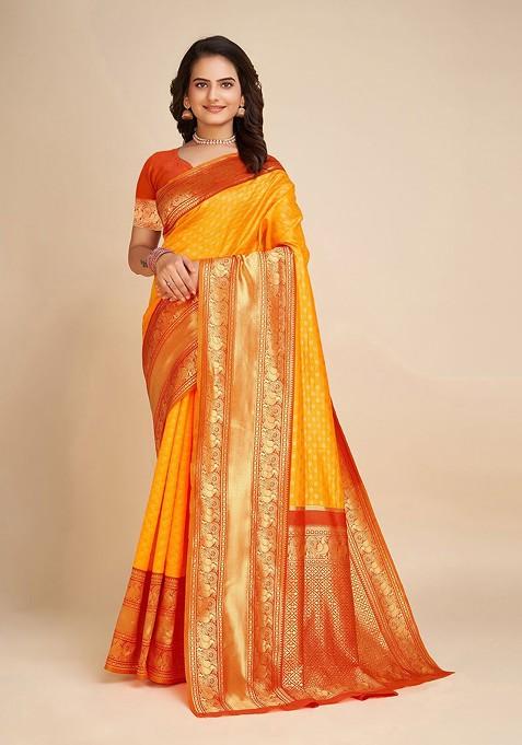 Yellow Embroidered Blended Saree Set