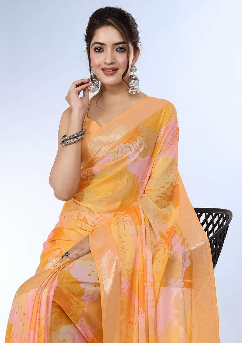 Orange Printed Blended Saree Set for Diwali and Festive Wear - Indya